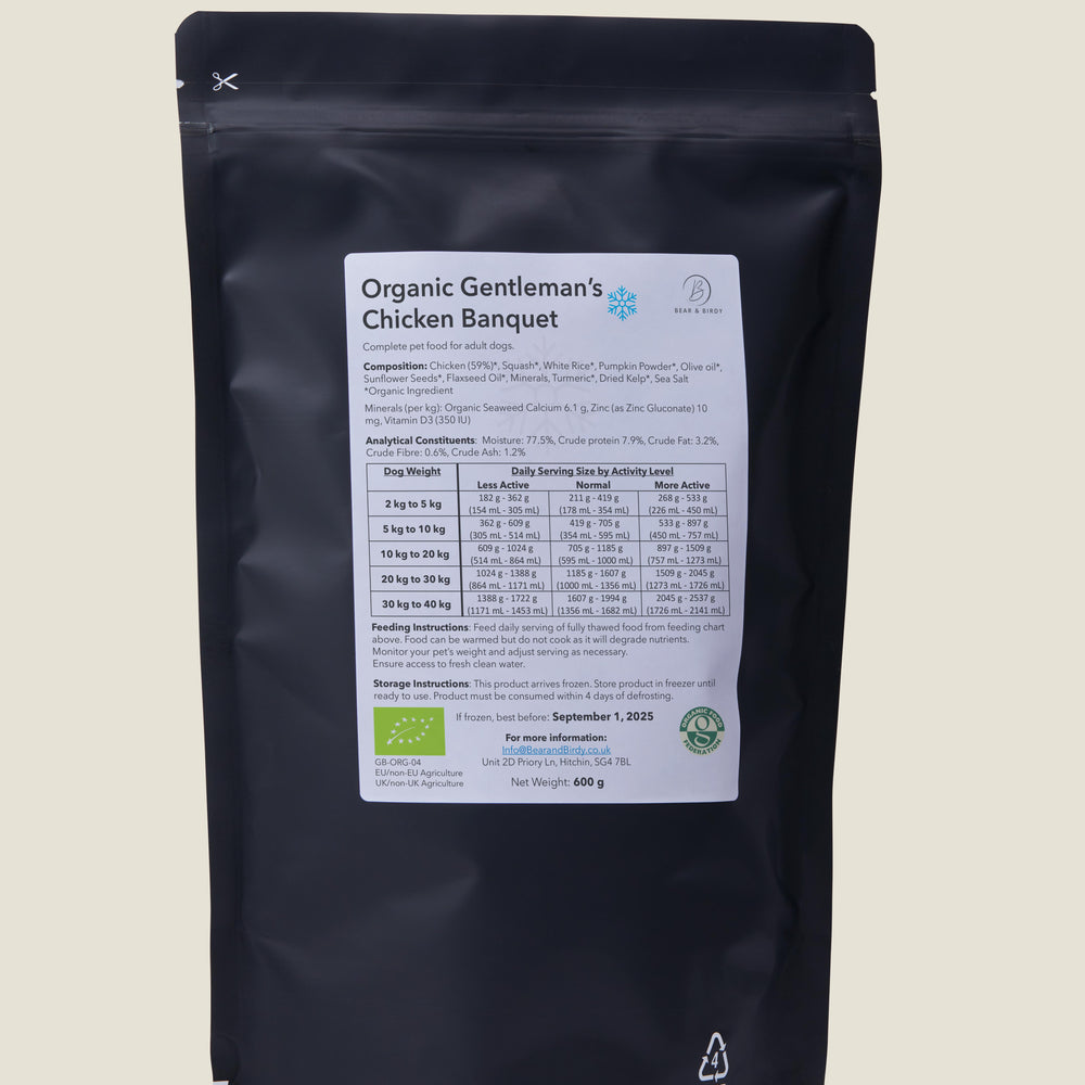 
                  
                    Dog food pouch for Freshly Frozen Organic Gentleman's Chicken Banquet including single order nutritional label
                  
                