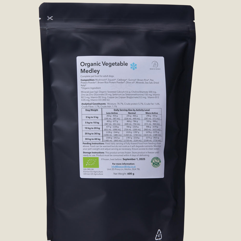 
                  
                    Dog food pouch for Freshly Frozen Organic Vegetable Medley including single order nutritional label
                  
                