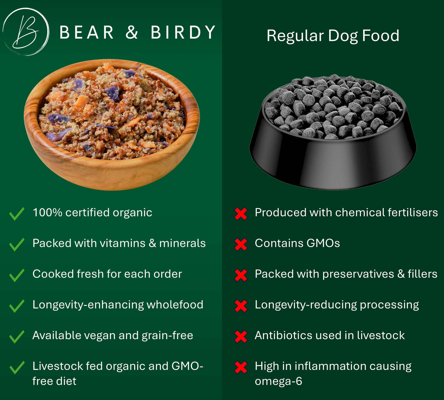 The left side depicts organic dog food in a natural bowl and lists the benefits of this type of diet. The right side depicts typical kibble dog food and lists the risks of this type of diet.